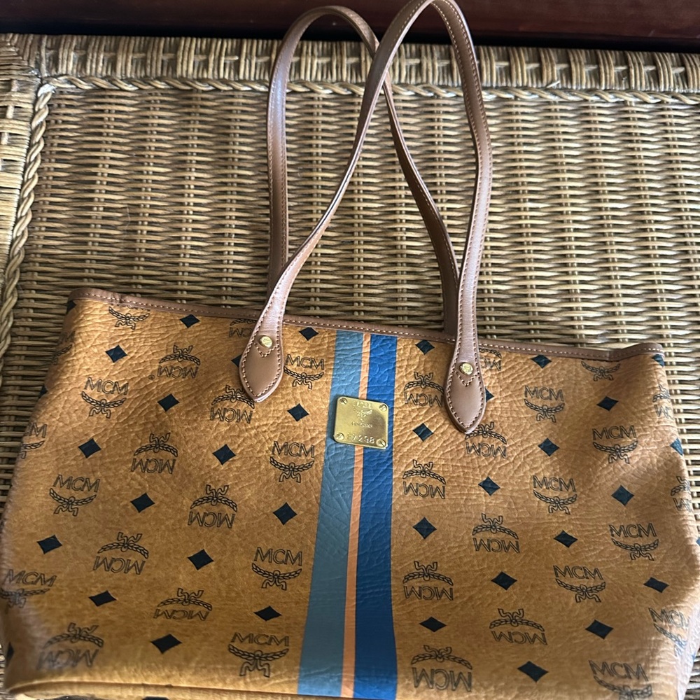MCM Cognac Visetos Tote with Blue Center Stripe